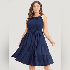 Solid Knot Halter Pocket Belted Ruffles Tiered Hem Dress - 1XL
